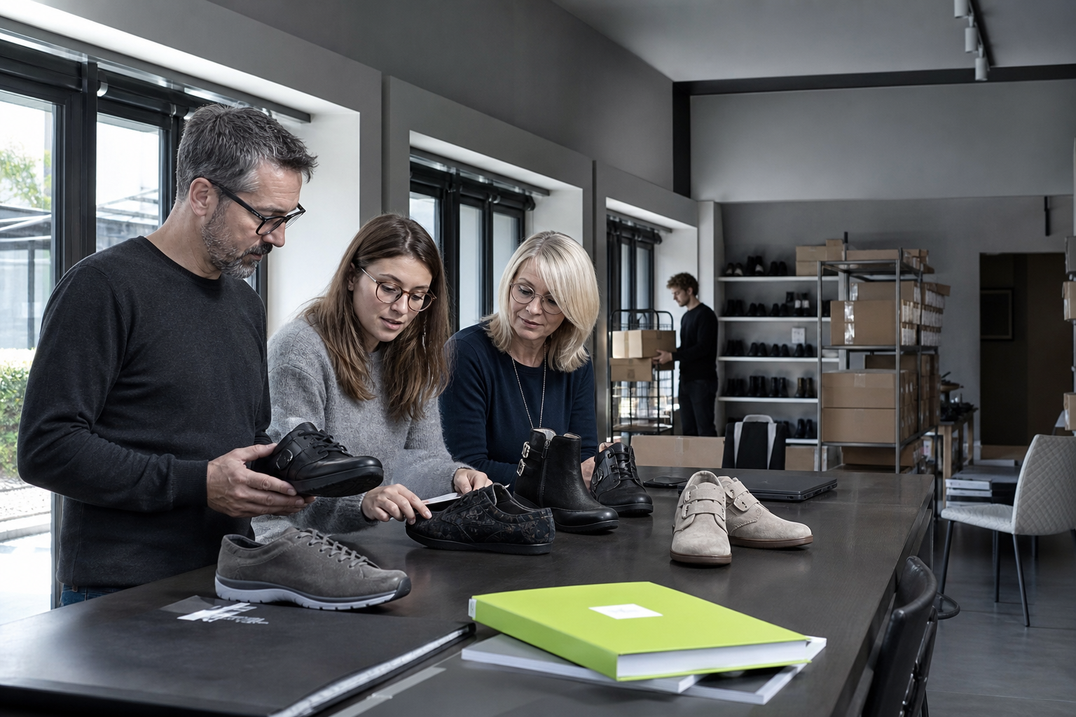 Équipe professionnelle examinant une collection de chaussures